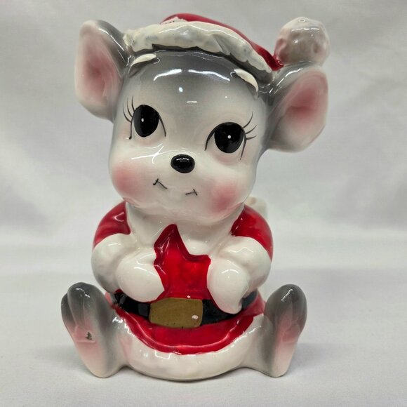 Vintage Japan Christmas Santa Mouse 6" Ceramic Planter Candy Dish Hat Kitschy - Picture 2 of 9